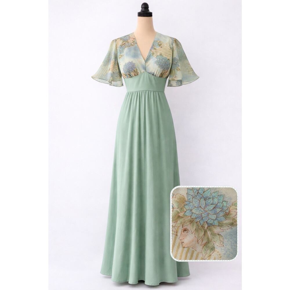 Vintage 70s Angel Sleeve Floral Lady Maxi Jade Green Dress Hippie Small Unique